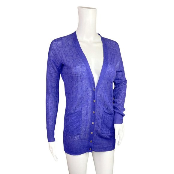 J.Crew Purple Linen Cable Knit Cardigan Sweater V-neck Gold Buttons XXS - Picture 4 of 7